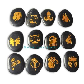 Black Obsidian Uneven Shape Engraved Zodiac Sign Worry Stones 12 Piece Set