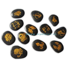 Black Tourmaline Uneven Shape Engraved Zodiac Sign Worry Stones 12 Piece Set