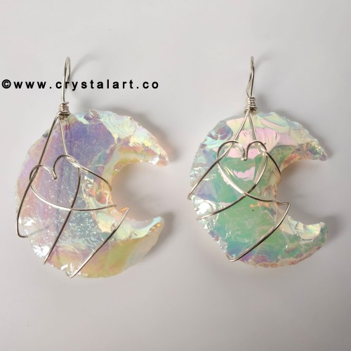 Aura Opalite Heart Shape Wire Wrapped 1.5 Inch Crescent Moon Shape Carving Arrowhead Pendants Unisex