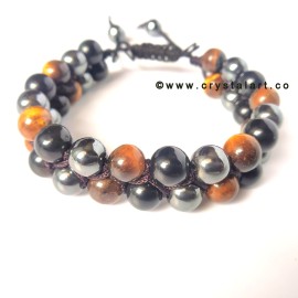 Triple Protection of Tiger Eye, Black Obsidian and Hematite Double Layer of Slider Cord 8 MM Plane Beads Bracelets Unisex