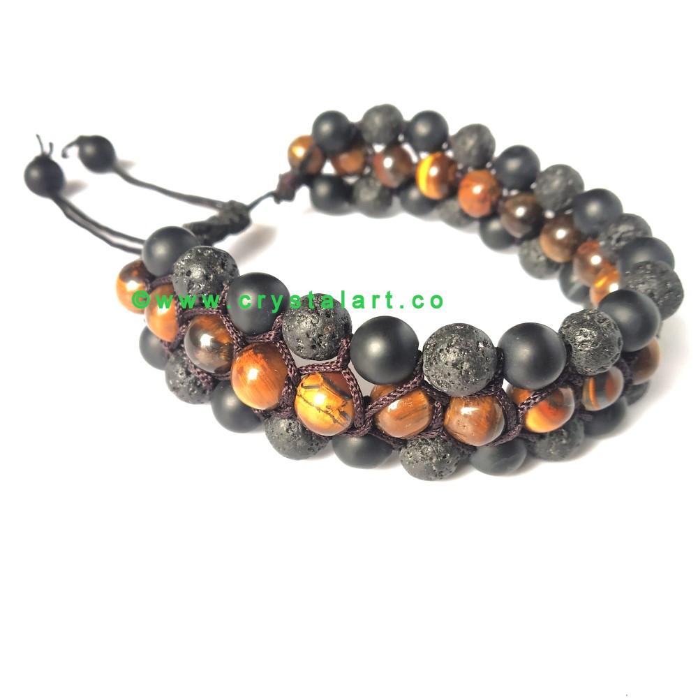 Triple Combination of Tiger Eye, Black Obsidian Met and Lava Stone Triple Layer of Slider Cord 8 MM Plane Beads Bracelets Unisex