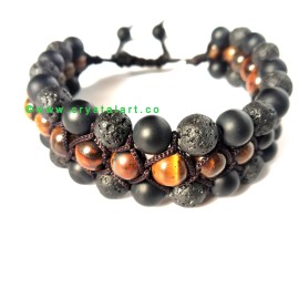 Triple Combination of Tiger Eye, Black Obsidian Met and Lava Stone Triple Layer of Slider Cord 8 MM Plane Beads Bracelets Unisex