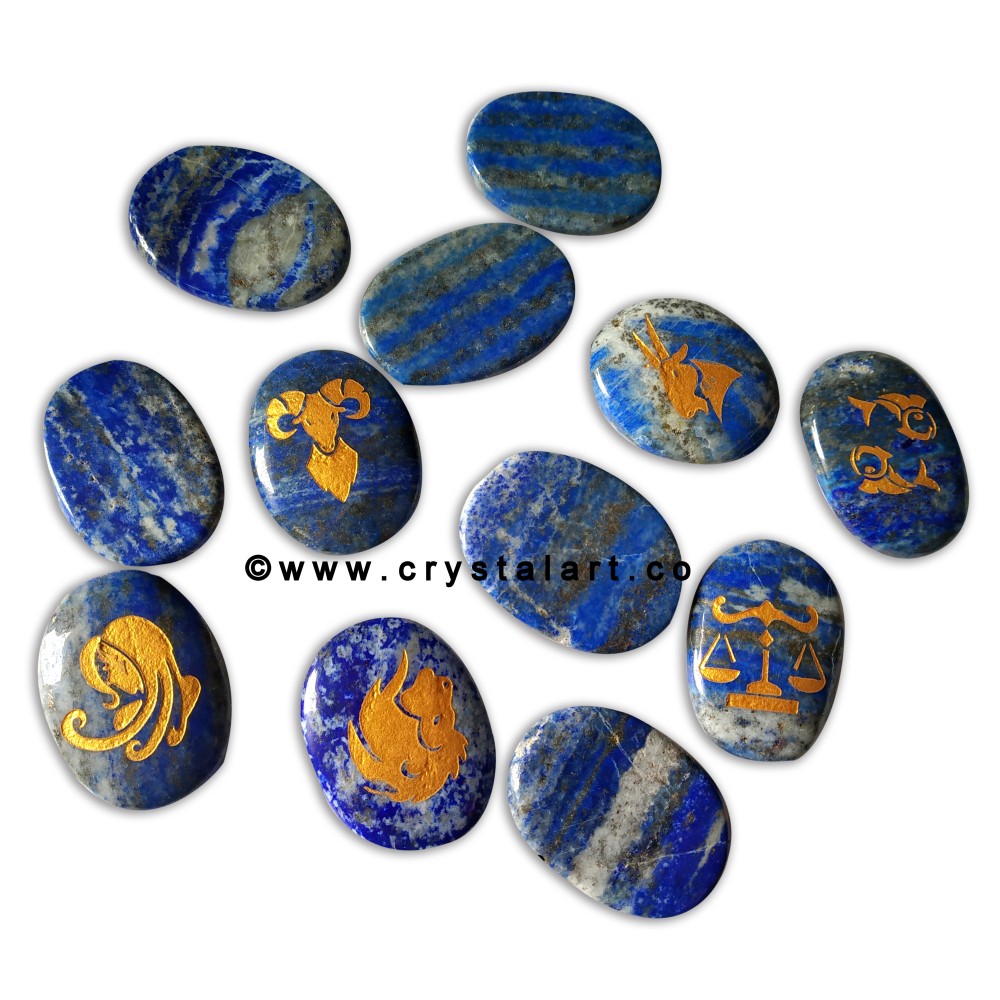 Lapis Lazule Cabochon Shape Engraved Zodiac Sign Worry Stones 12 Piece Set