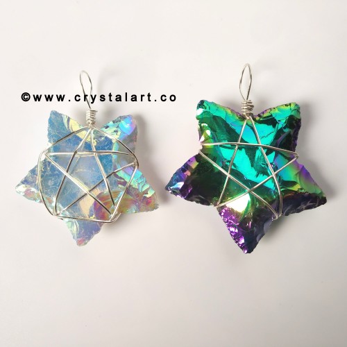 Aura Opalite and Obsidian Wire Wrapped 1.5 Inch Star of David Carving Arrowhead Pendants Unisex