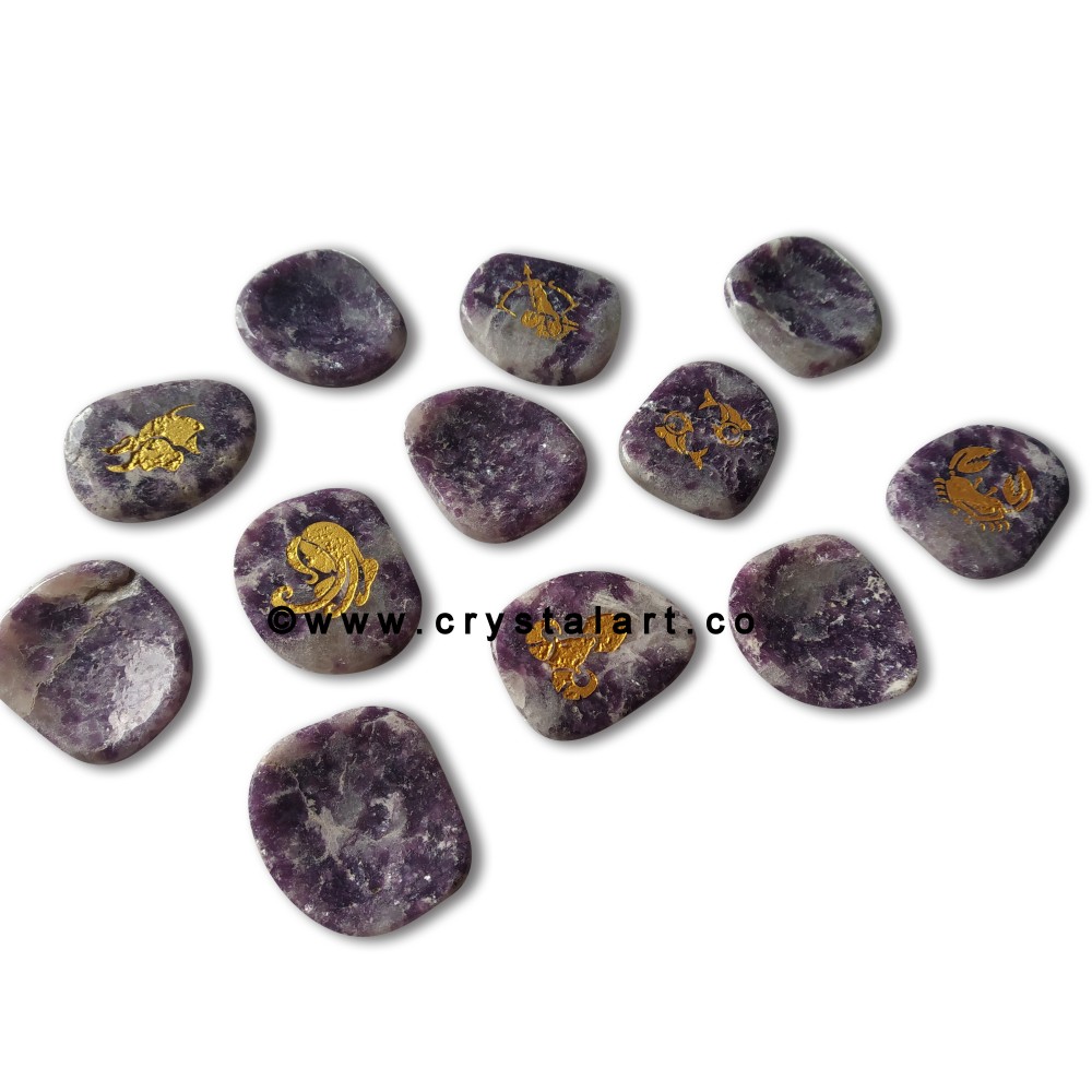 Lepidolite Uneven Shape Engraved Zodiac Sign Worry Stones 12 Piece Set