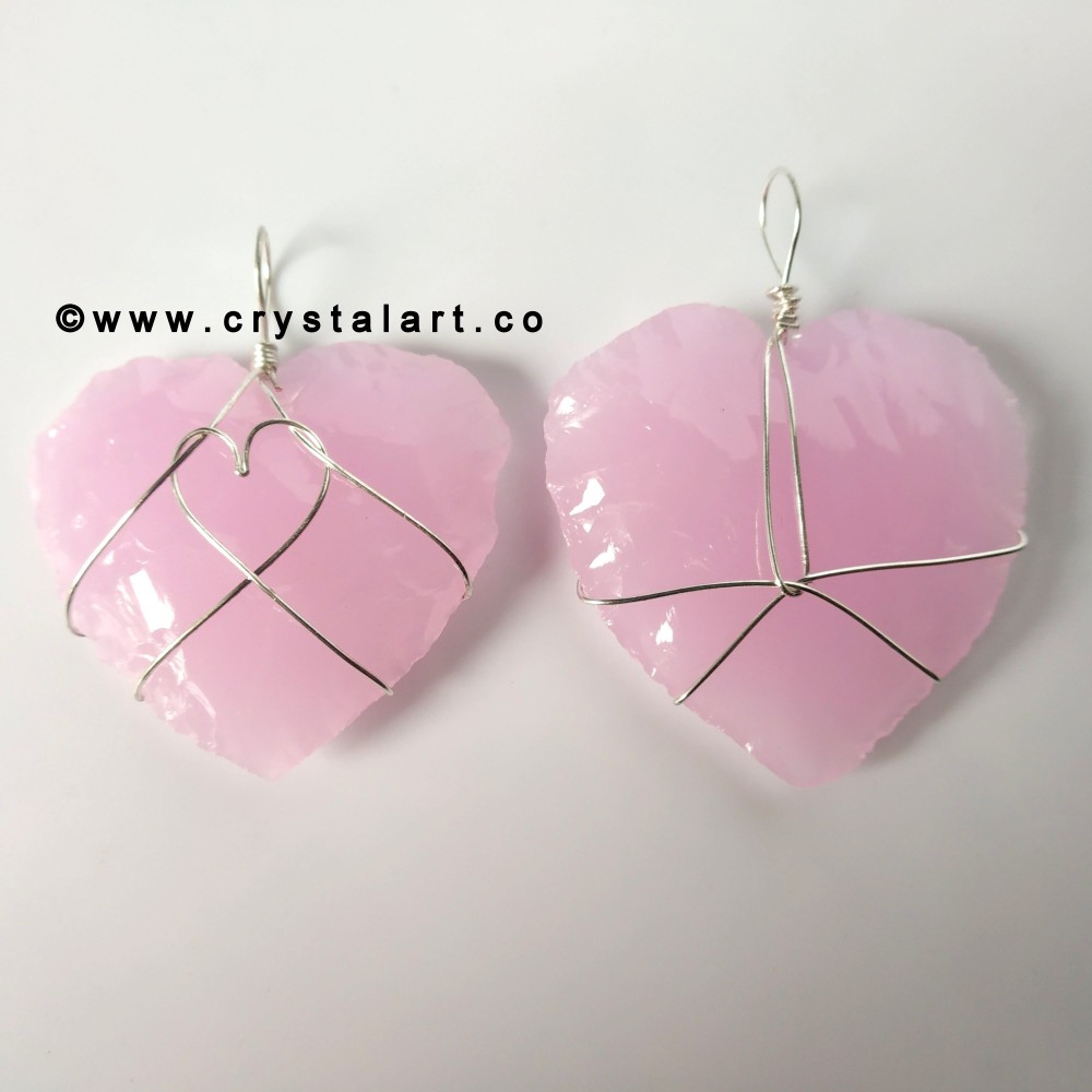 Rose Quartz Wire Wrapped 1.5 Inch Heart Shape Carving Arrowhead Pendants Unisex