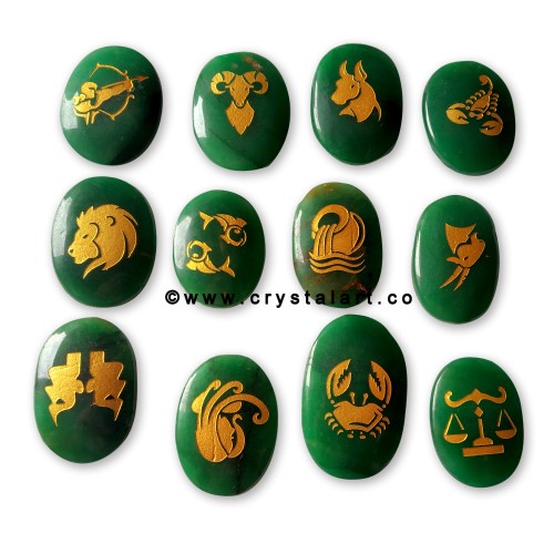 Green Aventurine Uneven Shape Engraved Zodiac Sign Worry Stones 12 Piece Set