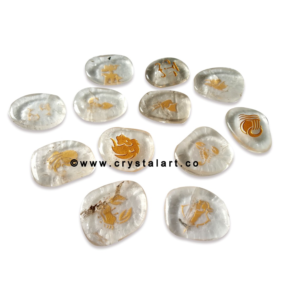 Clear Quartz Uneven Shape Engraved Zodiac Sign Worry Stones 12 Piece Set