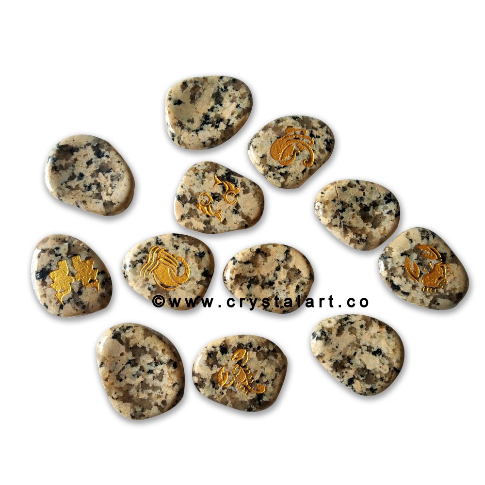 Dalmation Jasper Uneven Shape Engraved Zodiac Sign Worry Stones 12 Piece Set