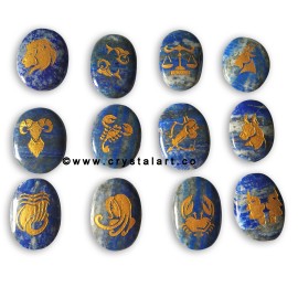 Lapis Lazule Cabochon Shape Engraved Zodiac Sign Worry Stones 12 Piece Set