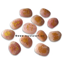 Dark Pink Rose Quartz Uneven Shape Engraved Zodiac Sign Worry Stones 12 Piece Set