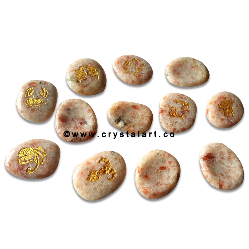 Sunstone Uneven Shape Engraved Zodiac Sign Worry Stones 12 Piece Set