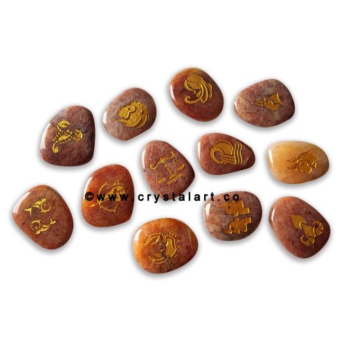 Red Aventurine Uneven Shape Engraved Zodiac Sign Worry Stones 12 Piece Set