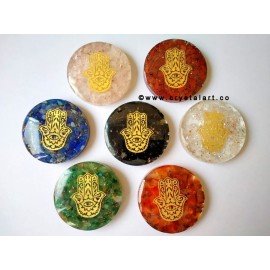 Chakra Symbol Hamsa Copper Plate Inside Orgone Round Shape Cabochon Set Of 7 Pieces