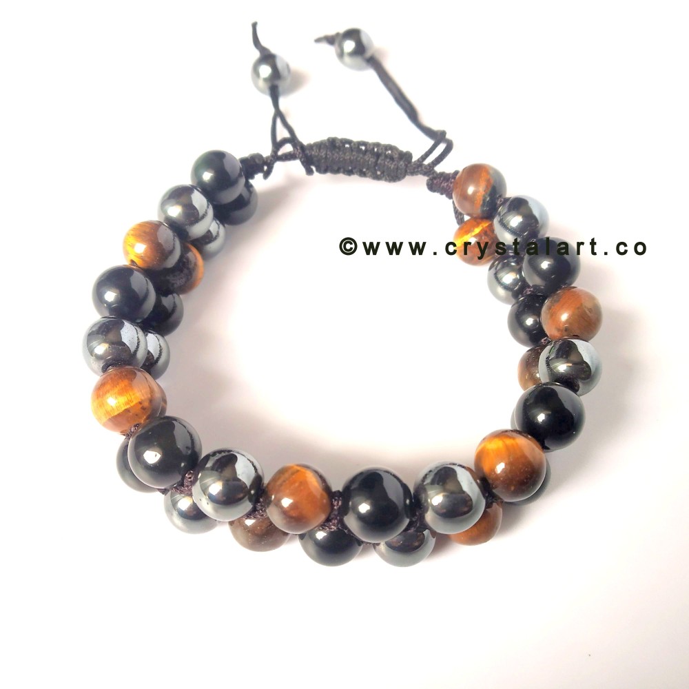 Triple Protection of Tiger Eye, Black Obsidian and Hematite Double Layer of Slider Cord 8 MM Plane Beads Bracelets Unisex