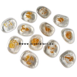 Clear Quartz Uneven Shape Engraved Zodiac Sign Worry Stones 12 Piece Set