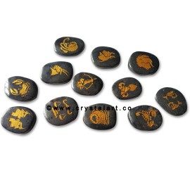 Hematite Uneven Shape Engraved Zodiac Sign Worry Stones 12 Piece Set