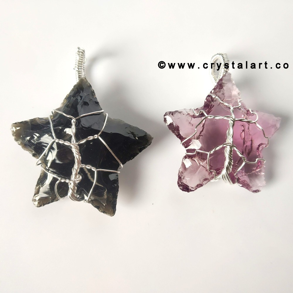 Obsidian and Amethyst Wire Wrapped 1.5 Inch Star of David Carving Arrowhead Pendants Unisex Pack of Two