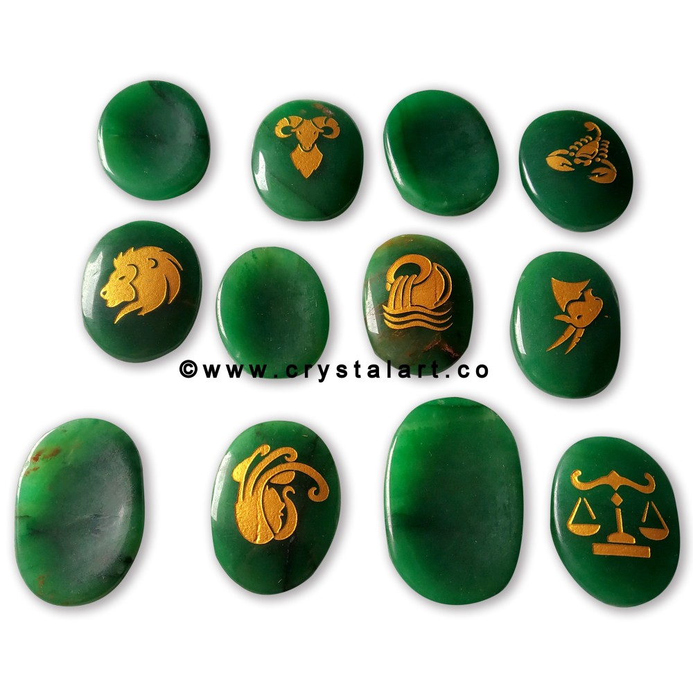 Green Aventurine Uneven Shape Engraved Zodiac Sign Worry Stones 12 Piece Set