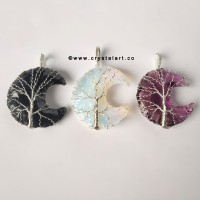 Black Obsidian, Opalite And Amethyst Wire Wrapped 1.5 Inch Crescent Moon Shape Carving Arrowhead Pendants Unisex Pack of Three