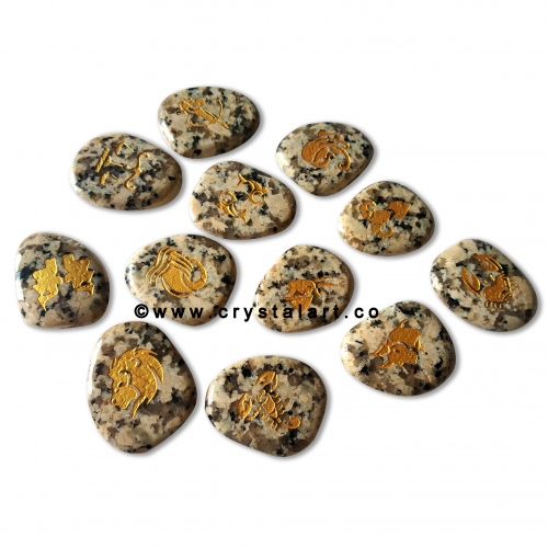 Dalmation Jasper Uneven Shape Engraved Zodiac Sign Worry Stones 12 Piece Set