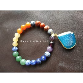 Seven Chakra Beaded Blue Onyx Druzy Charm 8 MM Plane Beads Bracelets