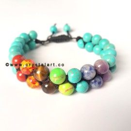 Chakra with Turquoise Double Layer Slider Cord 8 MM Plane Beads Bracelets Unisex