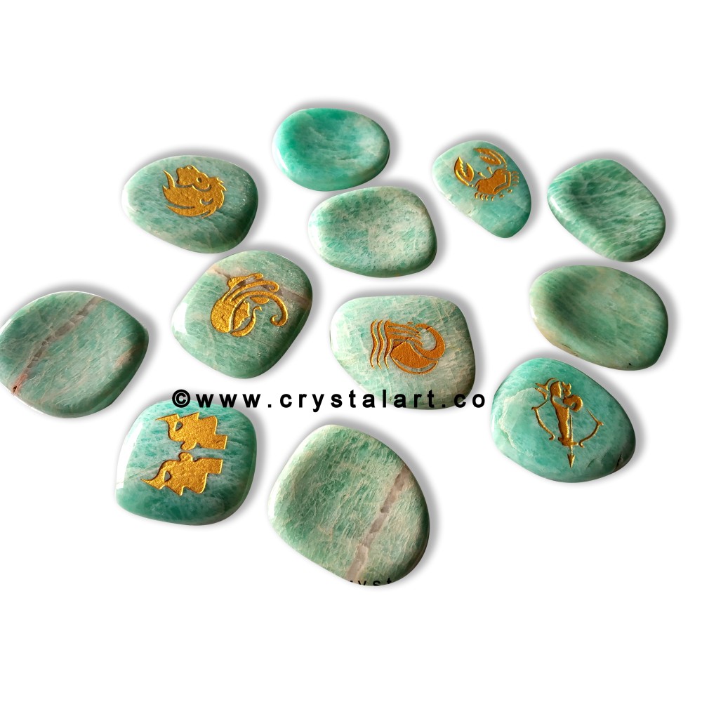 Amazonite Uneven Shape Engraved Zodiac Sign Worry Stones 12 Piece Set