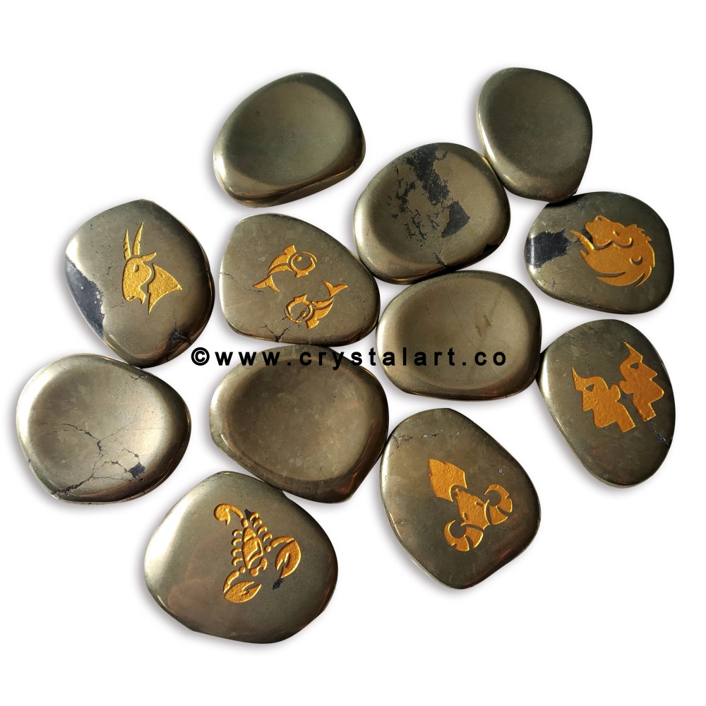 Pyrite Uneven Shape Engraved Zodiac Sign Worry Stones 12 Piece Set