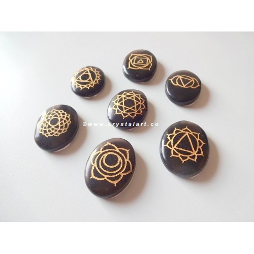 Black Obsidian Chakra symbol Engraved Cabochon Set