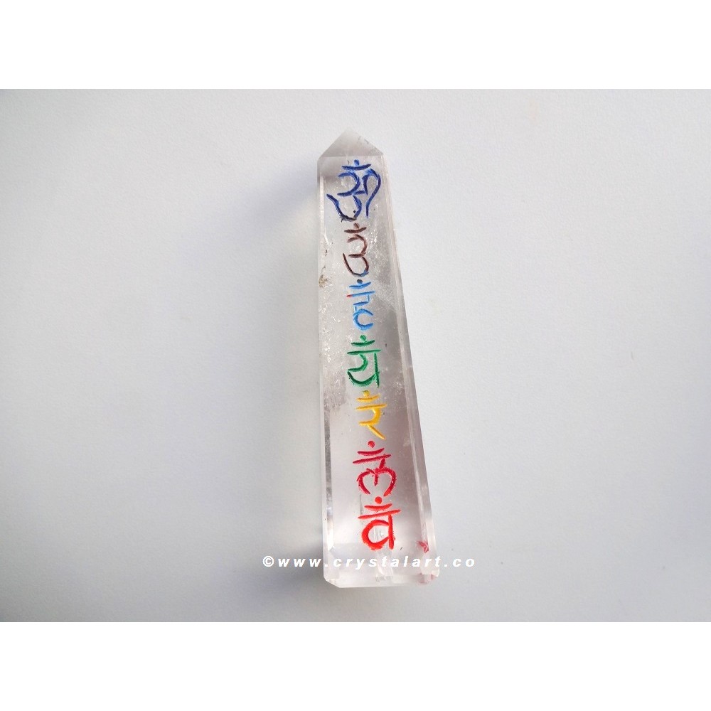 Clear Quartz Chakra Sanskrit Symbol Engraved Slop Tower Points