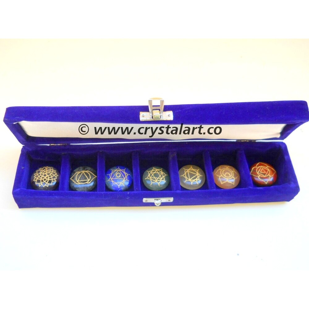 7 Chakra Engraved Round Cabs Set with Velvet Case