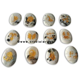 White Rainbow Moonstone Uneven Shape Engraved Zodiac Sign Worry Stones 12 Piece Set