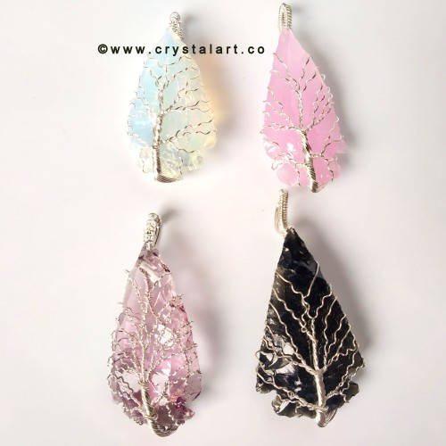 Opalite Rose Quartz Amethyst Obsidian Set of Four Piece Silver Wire Wrapped Arrowhead Stone Pendants