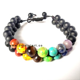 Chakra Stones Double Layer Black Slider Cord 8 MM Plane Beads Bracelets Unisex