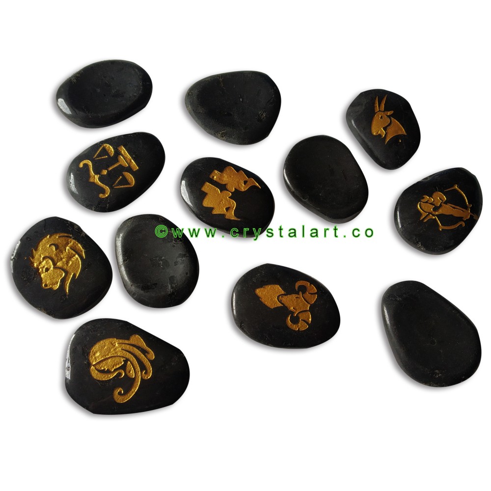 Black Tourmaline Uneven Shape Engraved Zodiac Sign Worry Stones 12 Piece Set