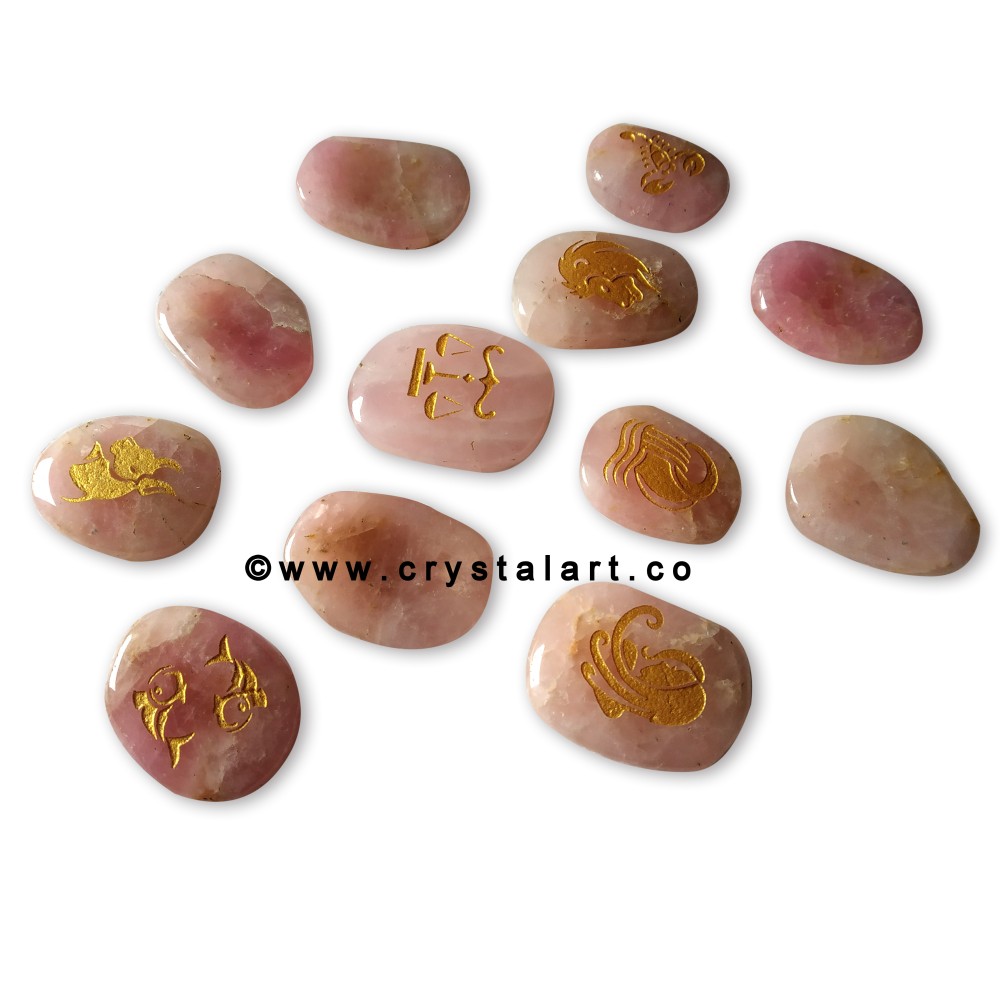 Dark Pink Rose Quartz Uneven Shape Engraved Zodiac Sign Worry Stones 12 Piece Set