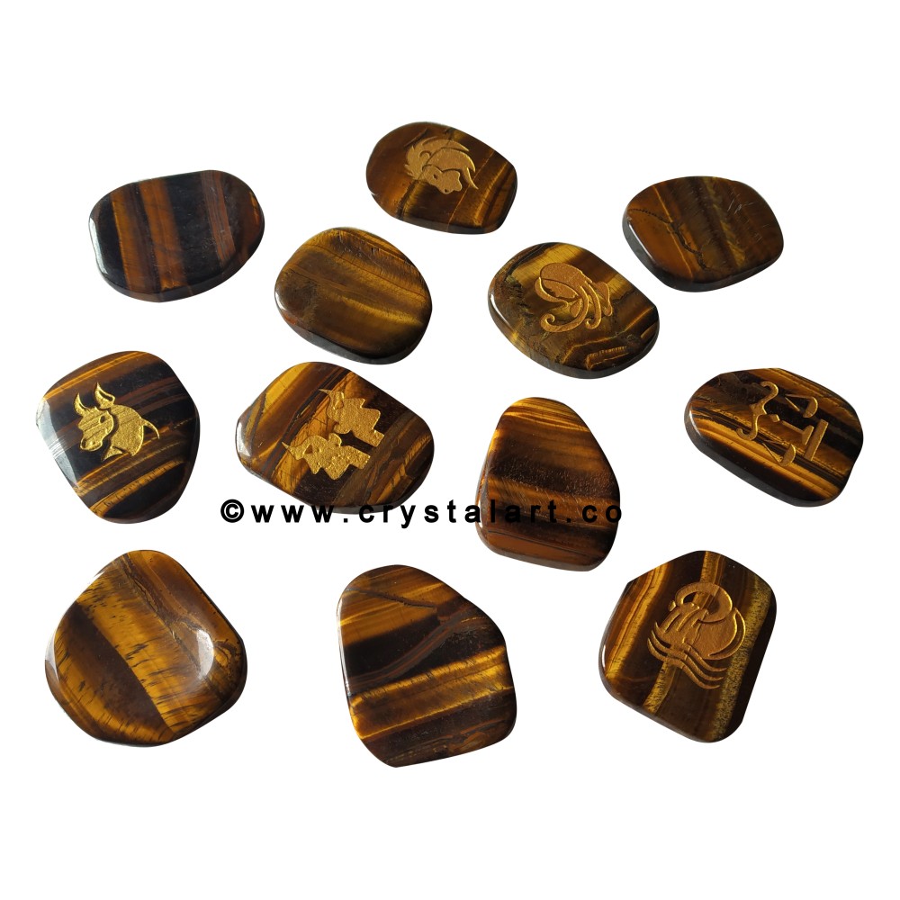 Tiger Eye Uneven Shape Engraved Zodiac Sign Worry Stones 12 Piece Set