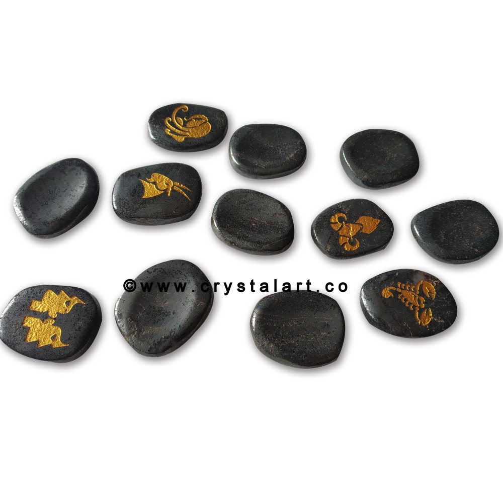 Hematite Uneven Shape Engraved Zodiac Sign Worry Stones 12 Piece Set