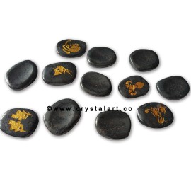 Hematite Uneven Shape Engraved Zodiac Sign Worry Stones 12 Piece Set