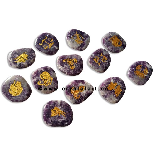 Lepidolite Uneven Shape Engraved Zodiac Sign Worry Stones 12 Piece Set