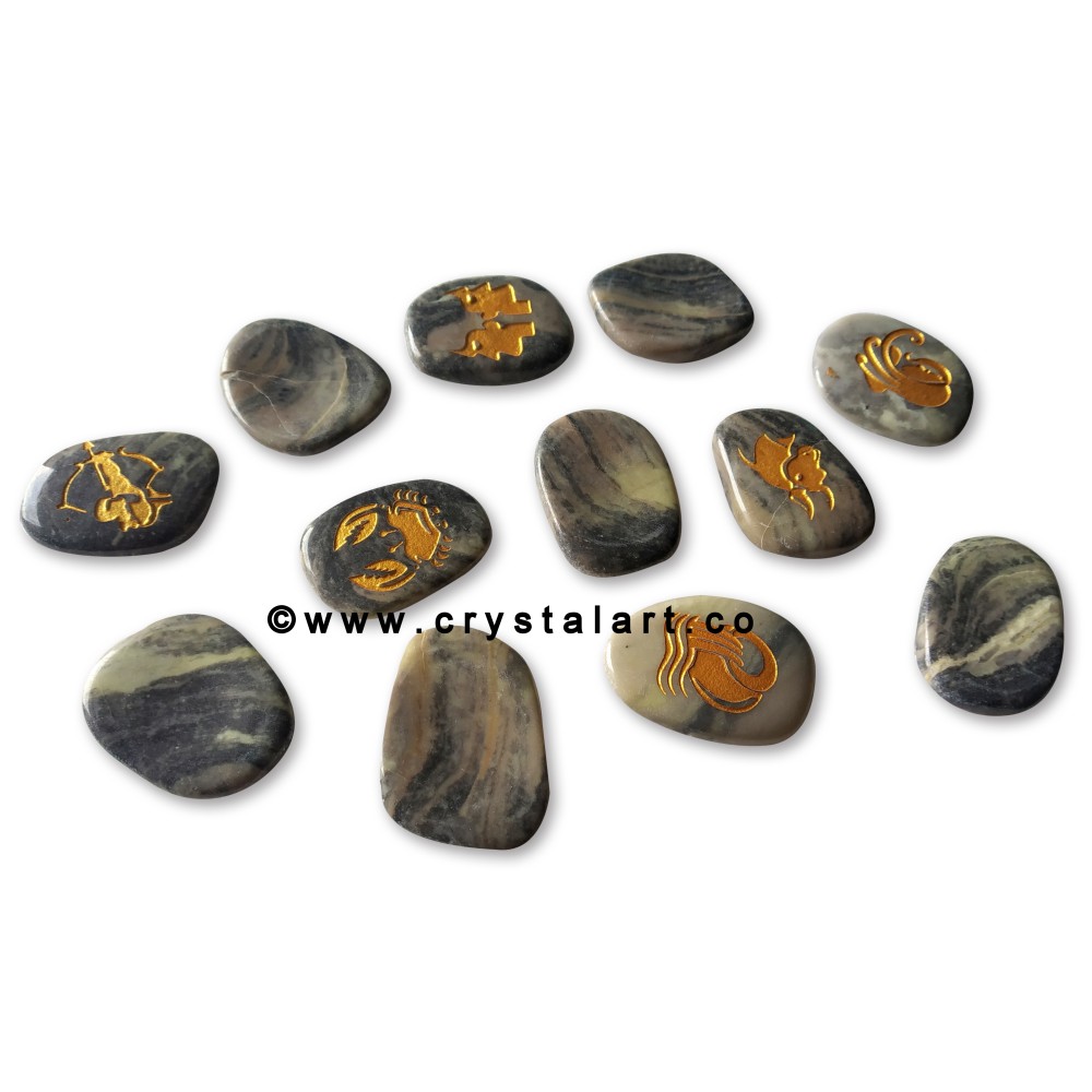 Serpentine Uneven Shape Engraved Zodiac Sign Worry Stones 12 Piece Set