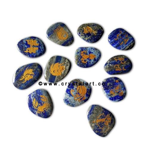 Lapis Lazule Uneven Shape Engraved Zodiac Sign Worry Stones 12 Piece Set