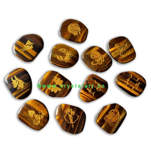 Tiger Eye Uneven Shape Engraved Zodiac Sign Worry Stones 12 Piece Set