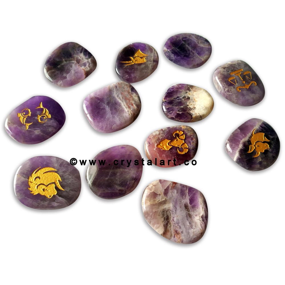 Dark African Amethyst Uneven Shape Engraved Zodiac Sign Worry Stones 12 Piece Set