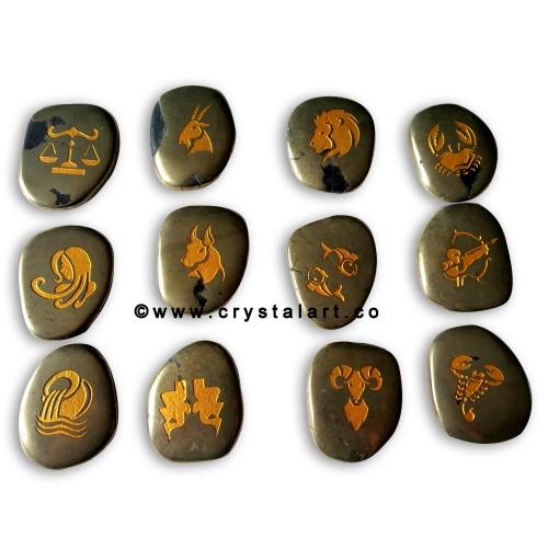 Pyrite Uneven Shape Engraved Zodiac Sign Worry Stones 12 Piece Set