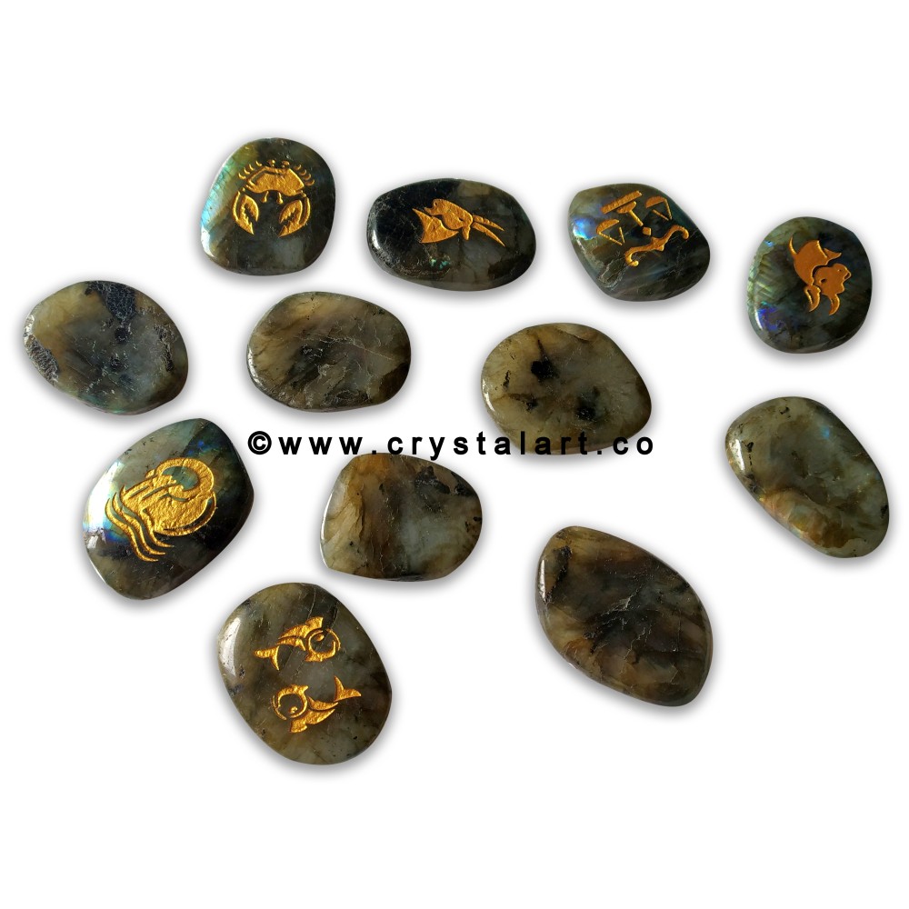 Labradorite Uneven Shape Engraved Zodiac Sign Worry Stones 12 Piece Set