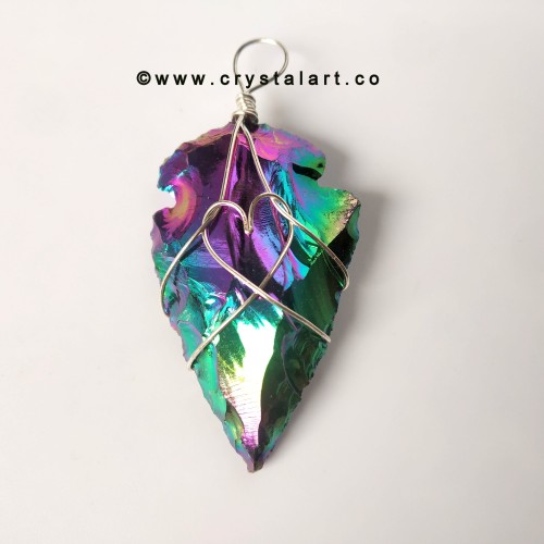 Aura Obsidian Heart Shape Wire Wrapped 1.5 Inch Arrowhead Pendants Unisex