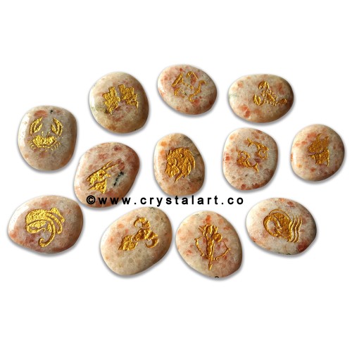 Sunstone Uneven Shape Engraved Zodiac Sign Worry Stones 12 Piece Set