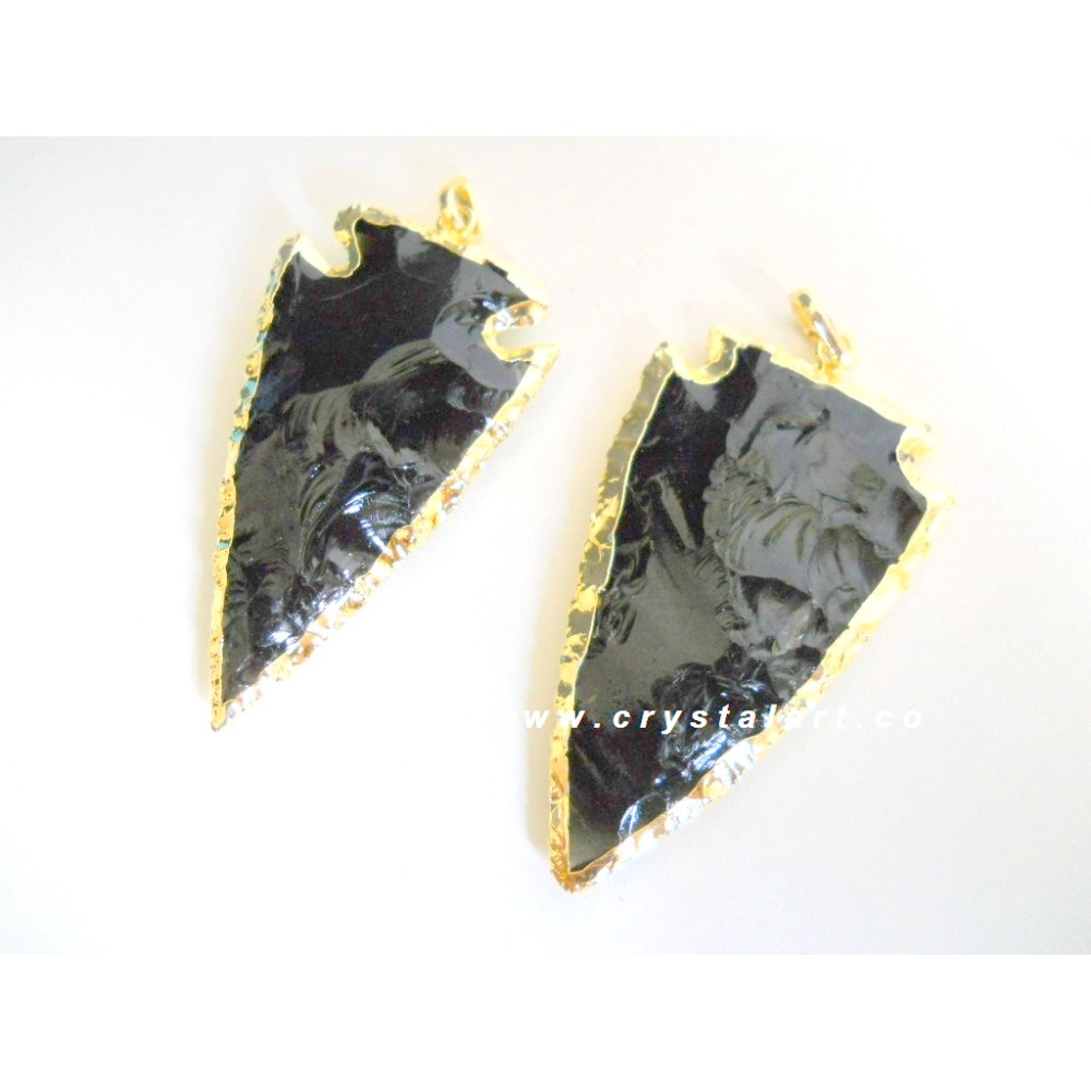 Black Obsidian Golden Electroplated Arrowheads Pendant